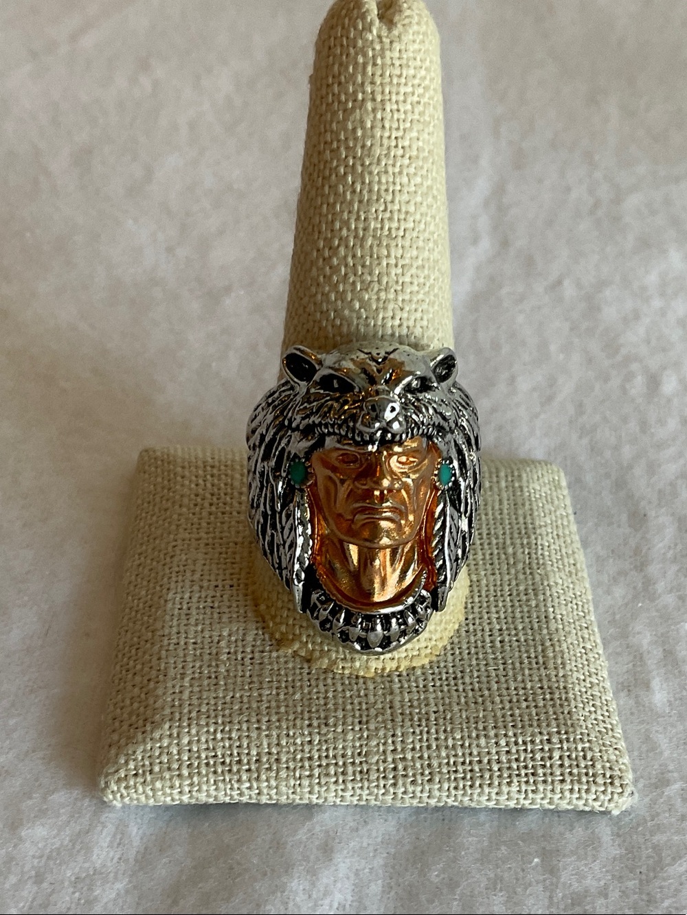 Men’s Size 12 Gold & Silver Tribal Warrior Ring with Turquoise Accents